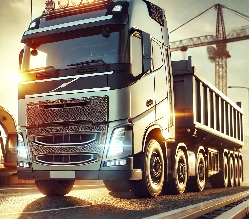 DALL·E 2024-10-17 15.57.29 - A detailed image of a tipper truck driving on a road near a construction site. The truck has a large hauling container for transporting heavy material